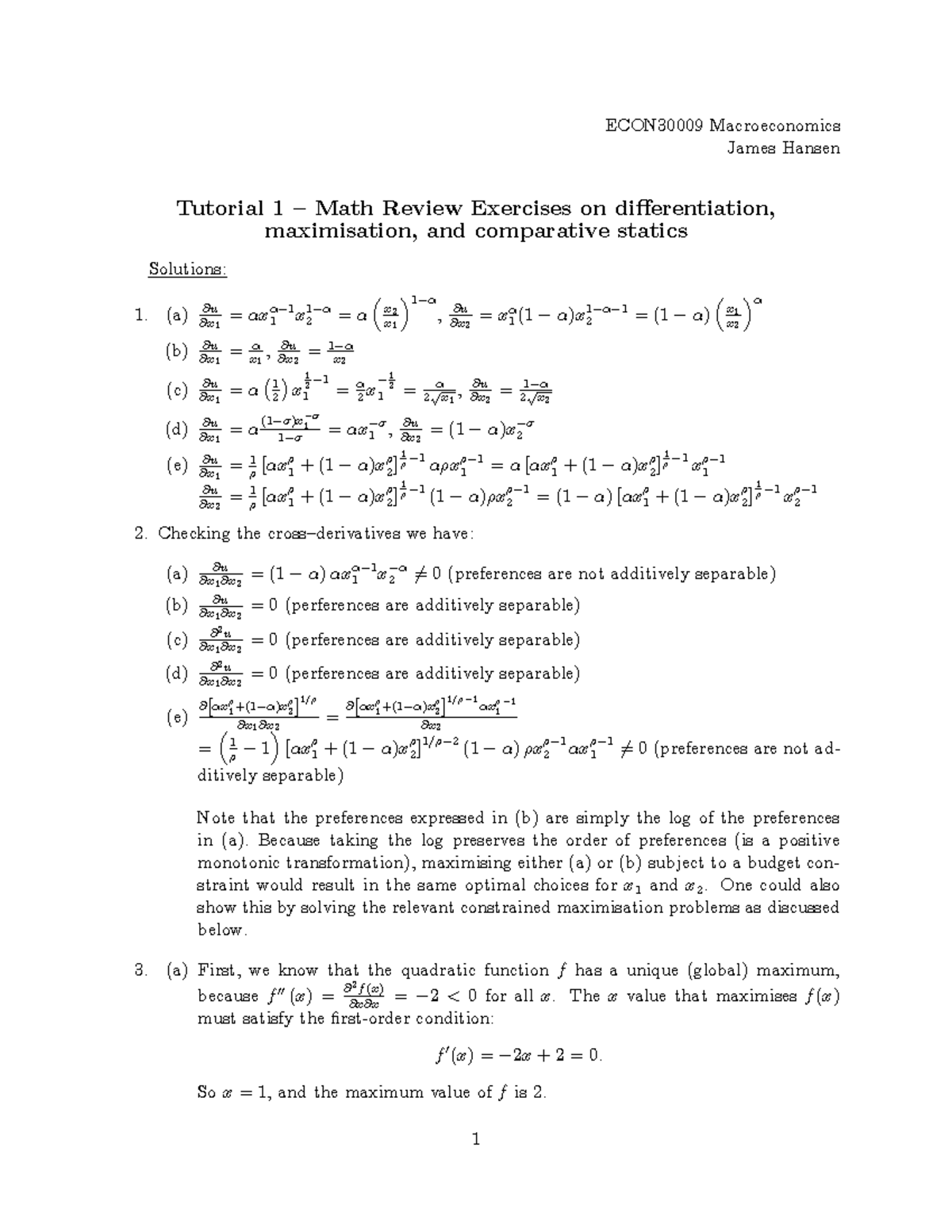 Tutorial 1 Solution - ECON30009 Macroeconomics James Hansen Tutorial 1 ...