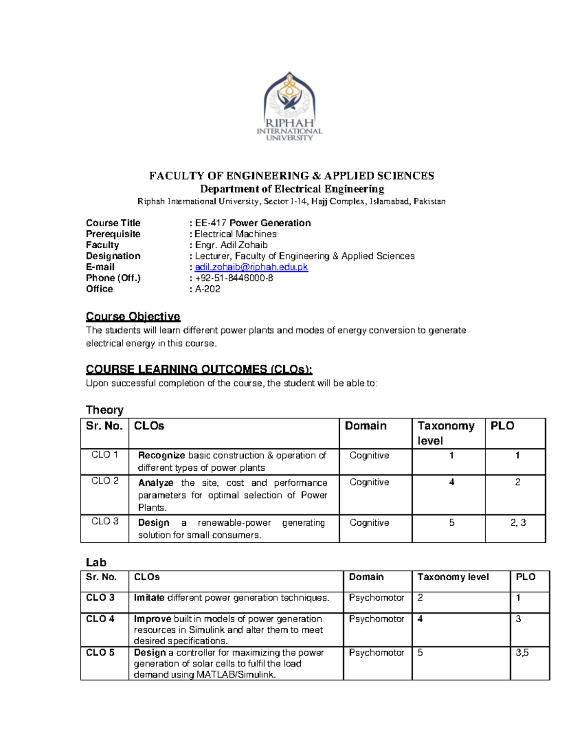 Course Outlines (Power Generation) - FACULTY OF ENGINEERING & APPLIED ...