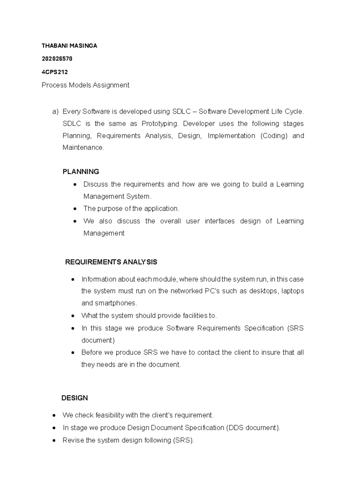4CPS212 Assignment - THABANI MASINGA 202026570 4CPS Process Models ...