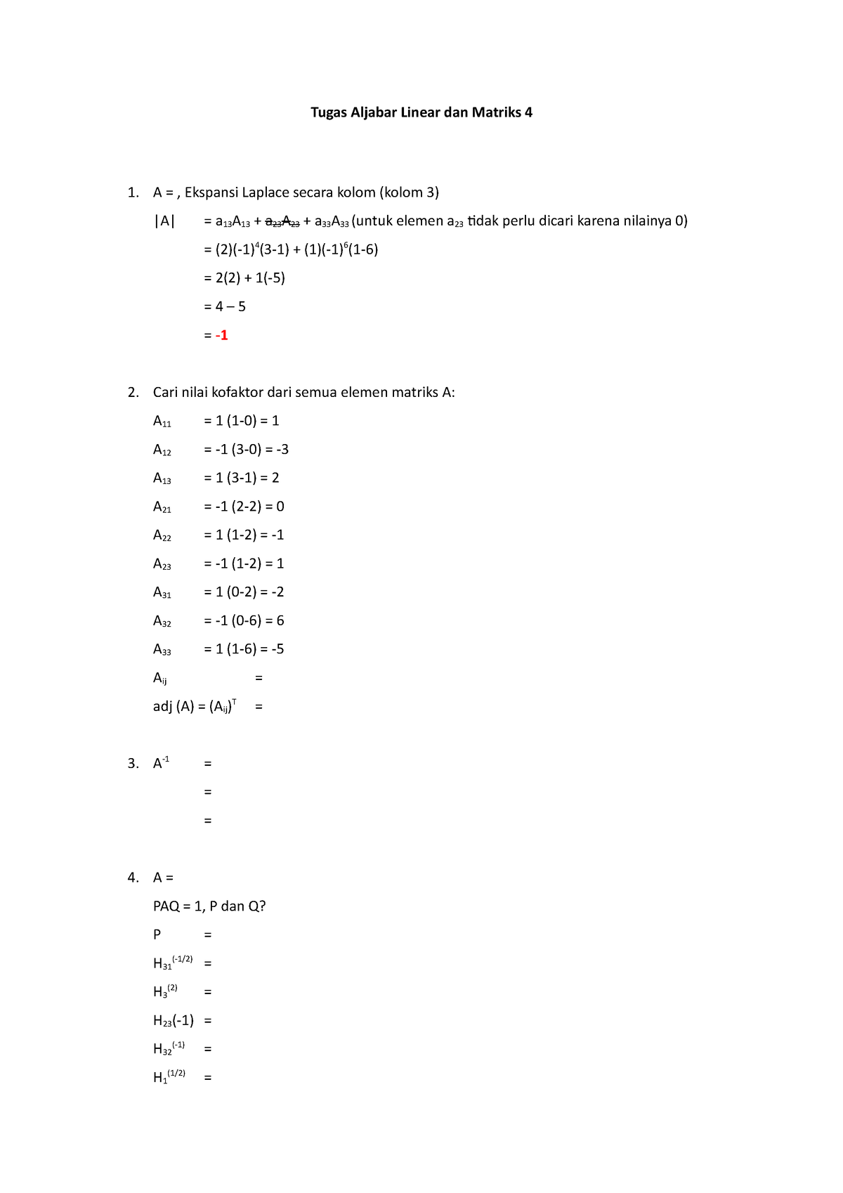 Tugas Aljabar Linear Dan Matriks 4 - A = PAQ = 1, P Dan Q? P = H31(-1/2 ...