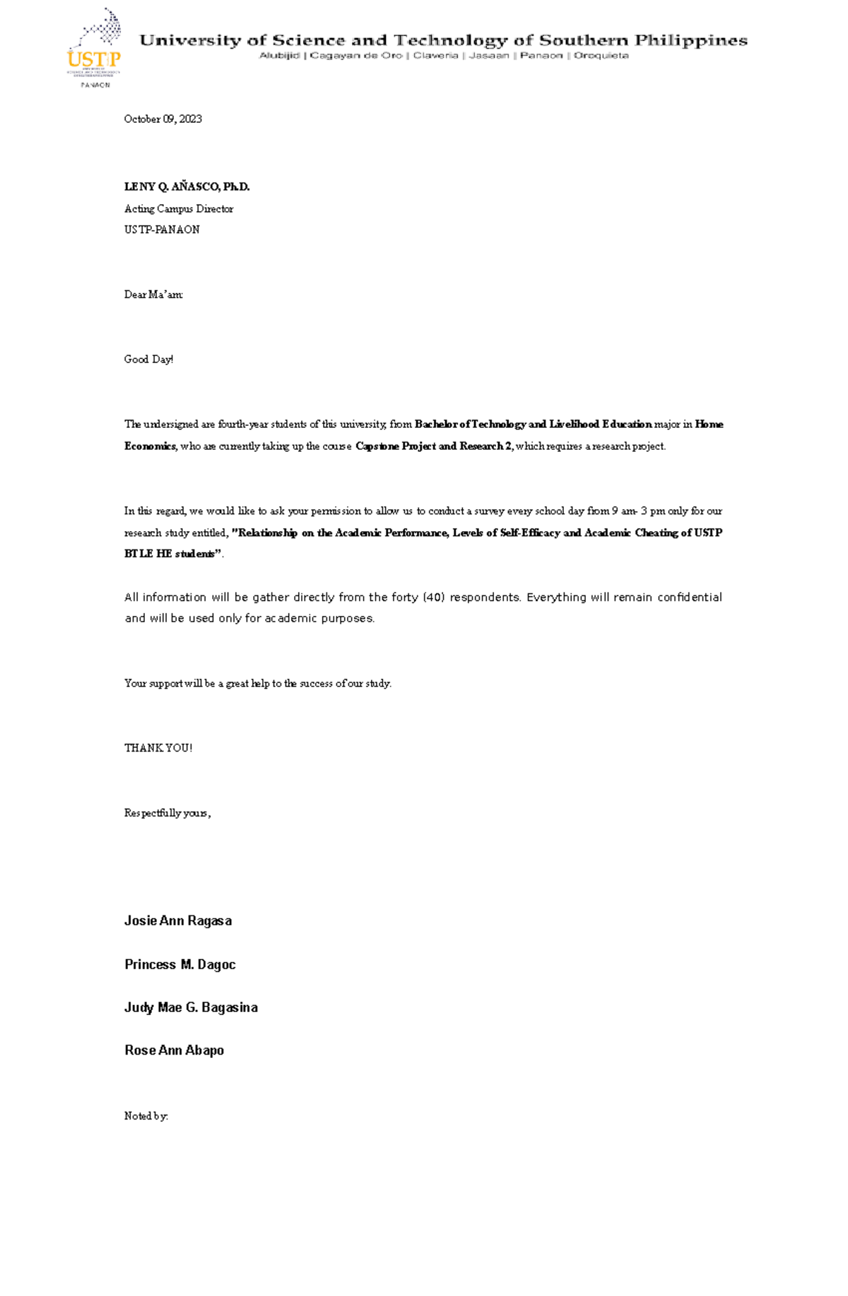 Letter - October 09, 2023 LENY Q. AÑASCO, Ph. Acting Campus Director ...