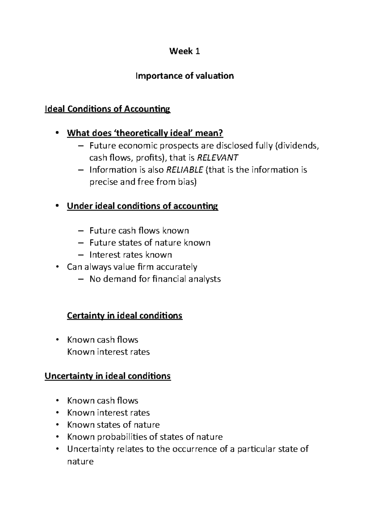 Week 1 - Lecture notes 1 - Week 1 Importance of valuation Ideal ...