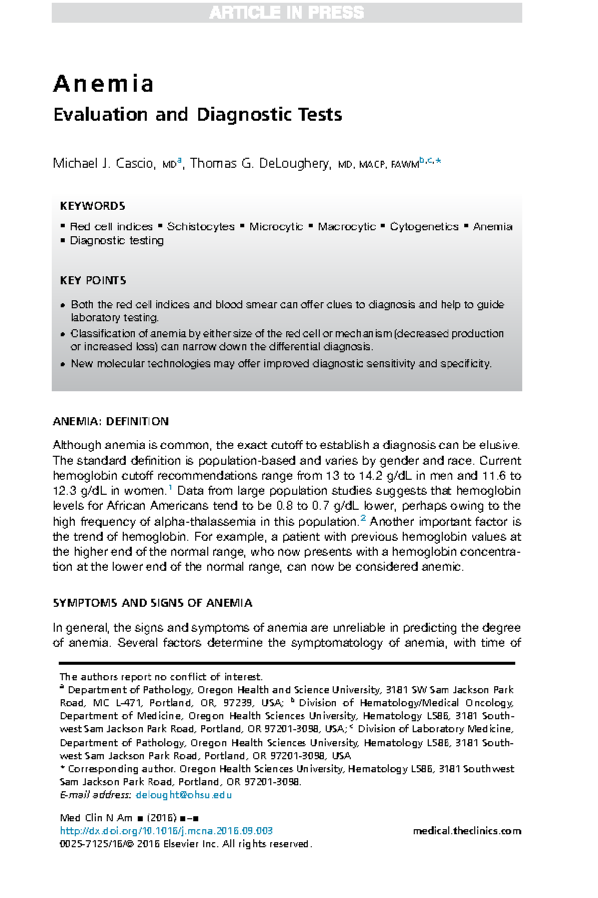 Anemia 2017 The clinics - Anemia Evaluation and Diagnostic Tests ...