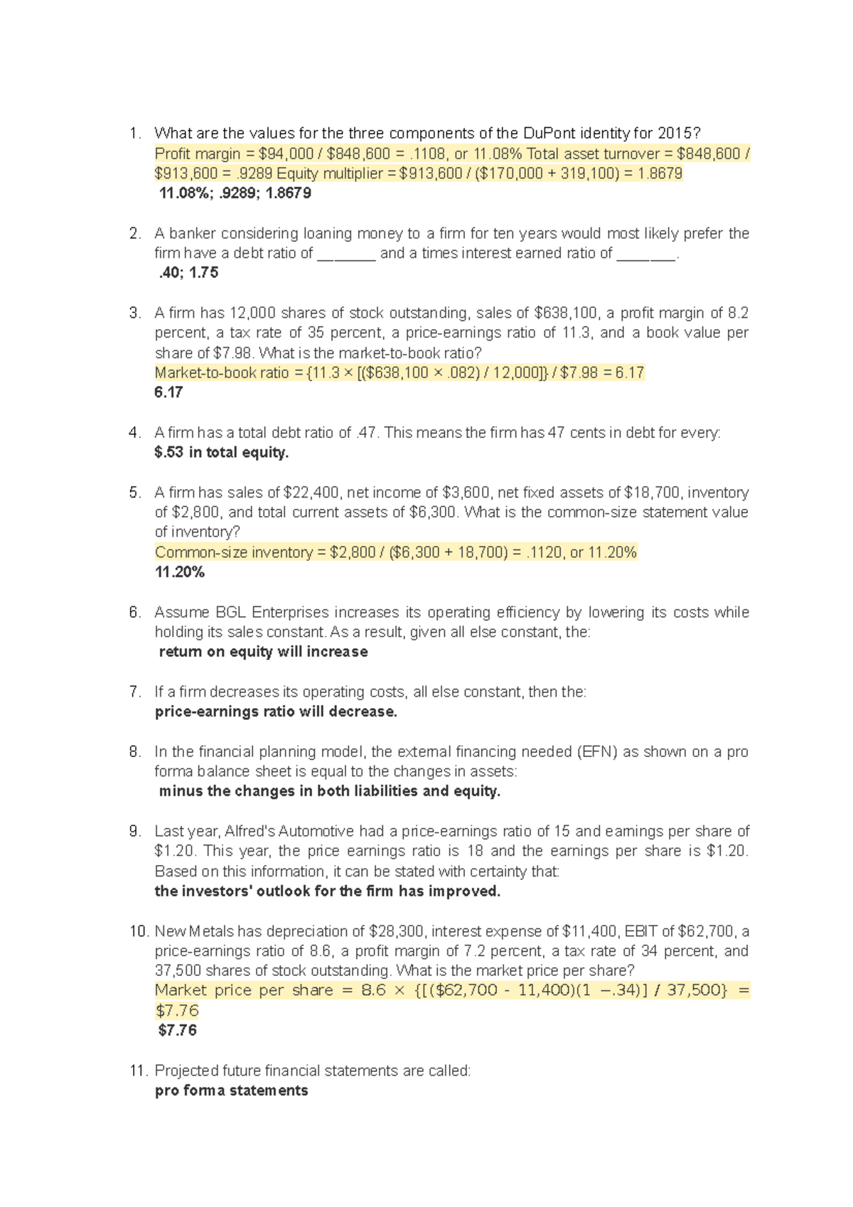 3 - Corporate Finance - What are the values for the three components of ...