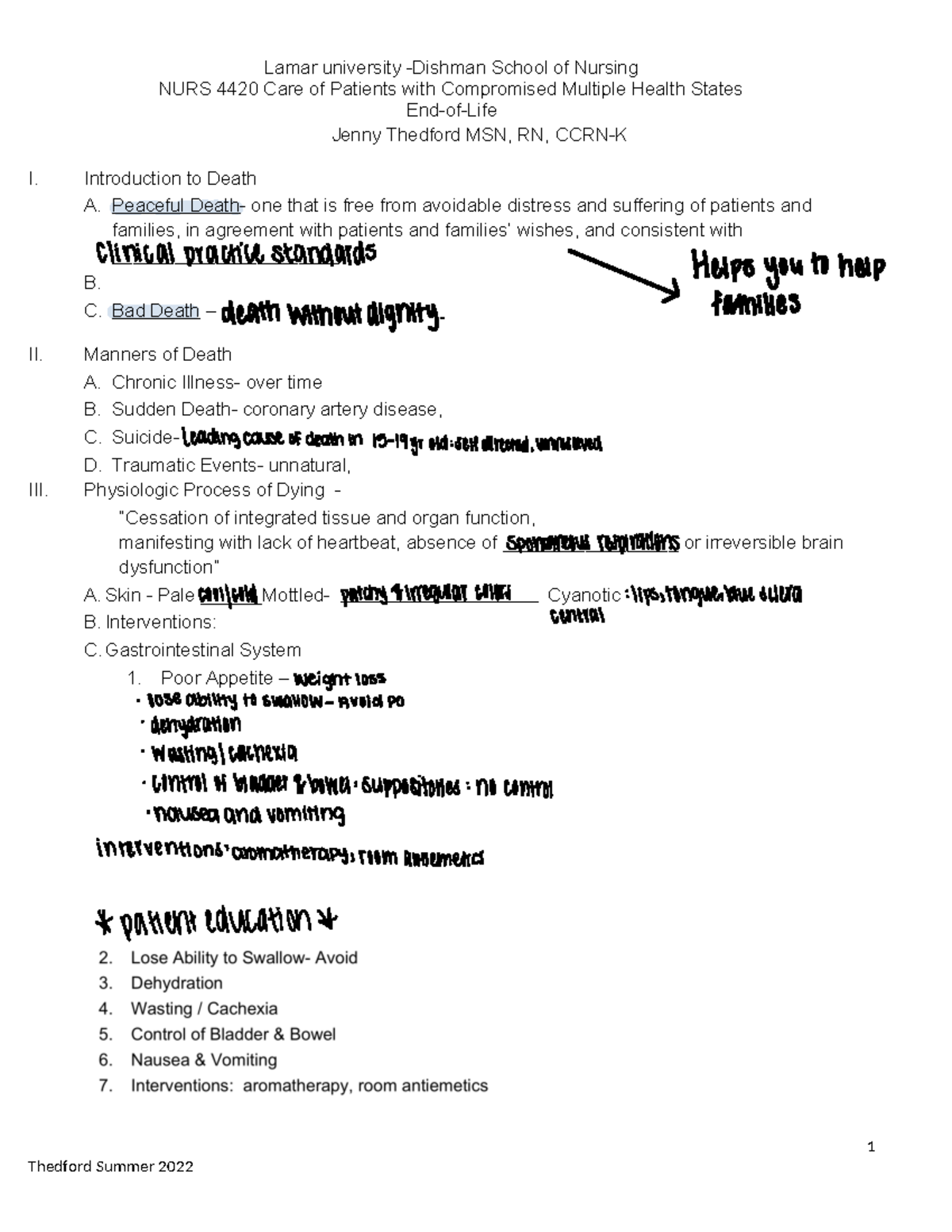 End Of Life STudent Version Summer 2022 NURS 4420 - Tagged - Lamar ...