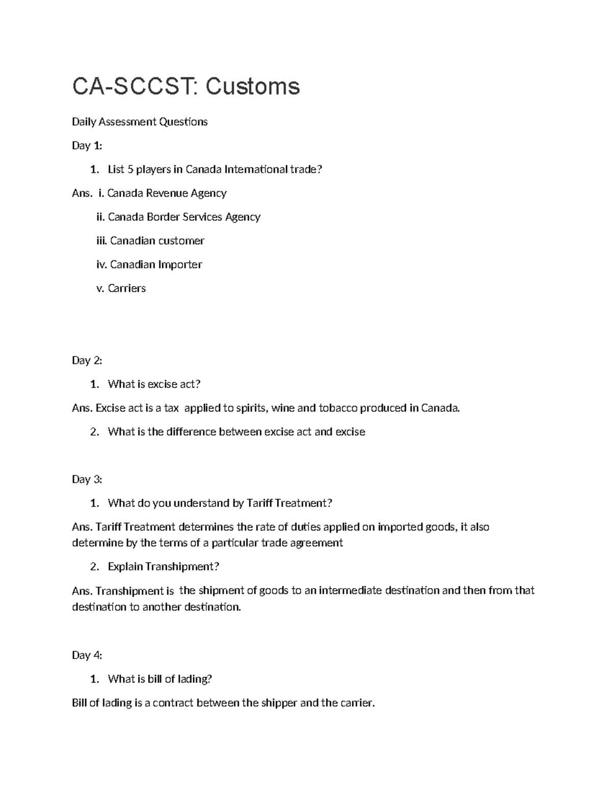 CST - Daily Assessment questions - CA-SCCST: Customs Daily Assessment ...