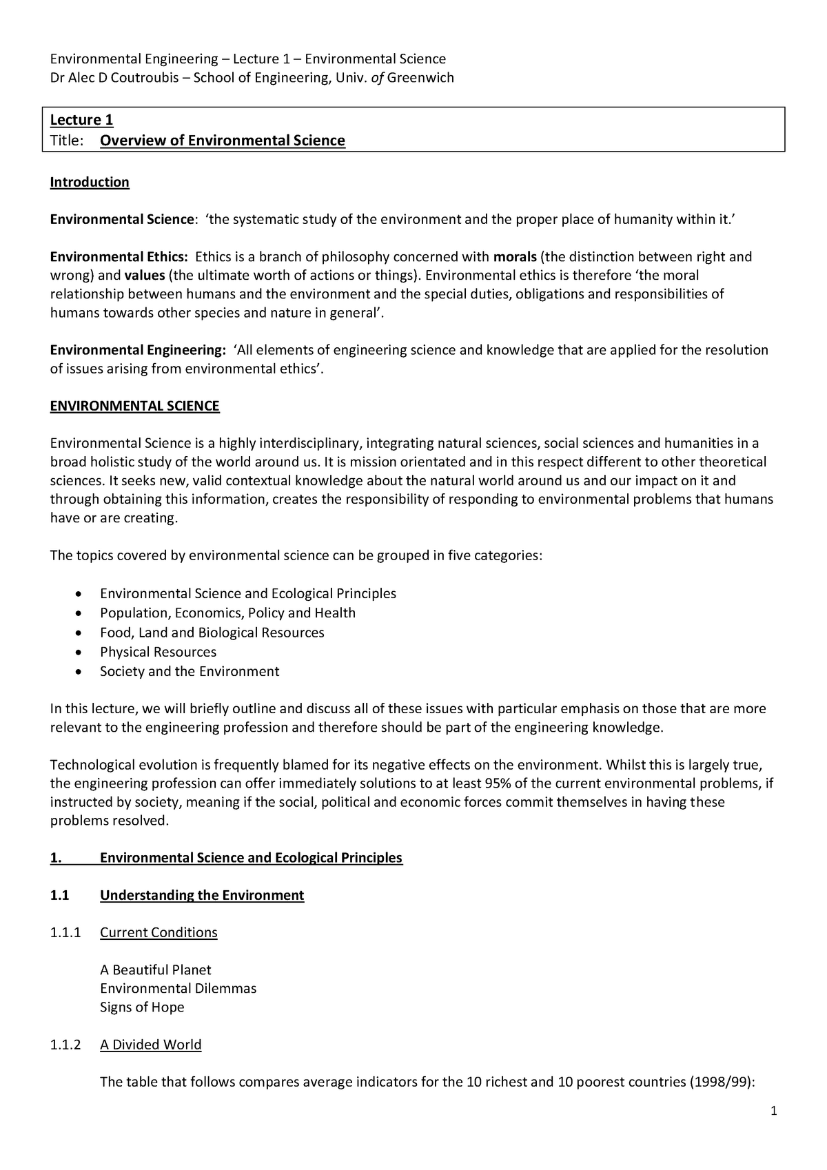 Lecture 1- Env. Science - Environmental Engineering – Lecture 1 ...