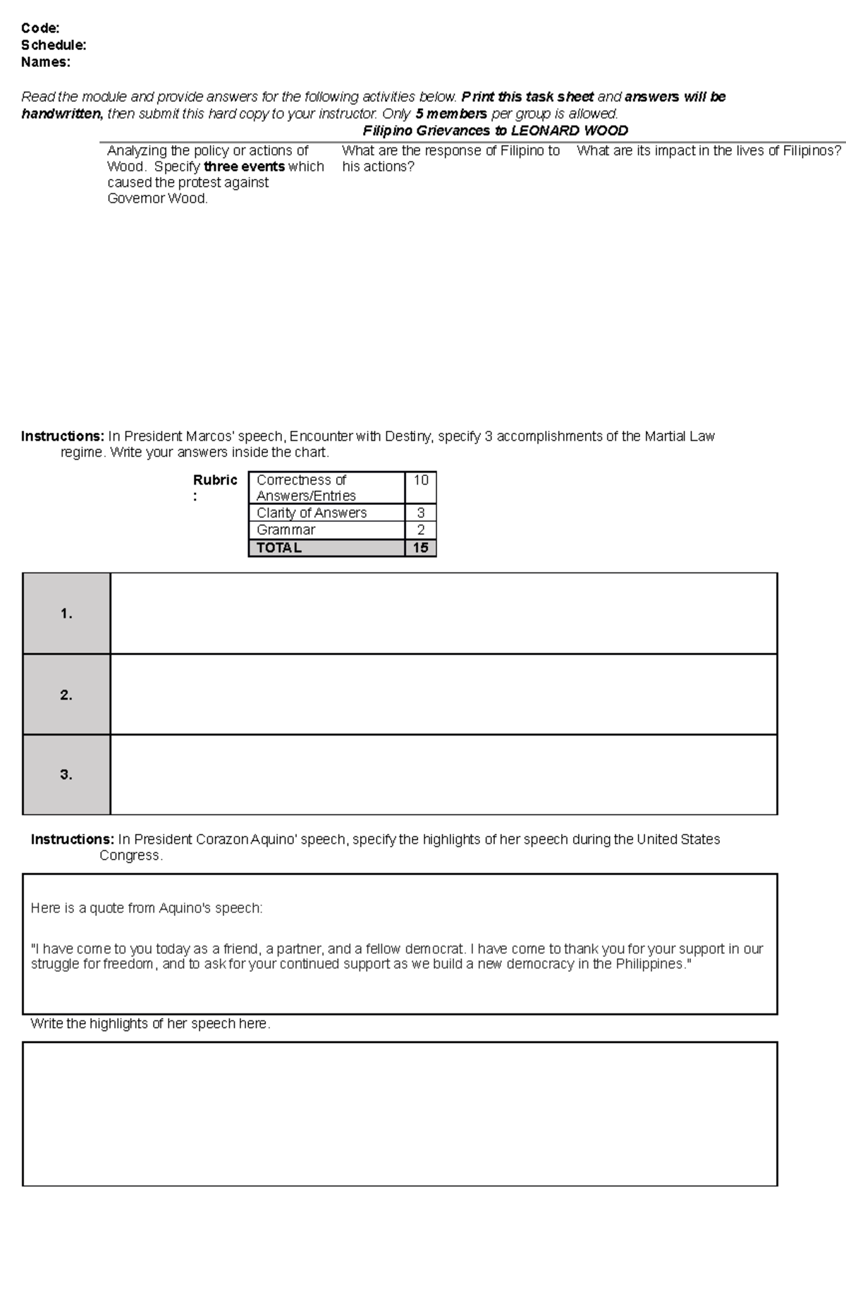 Learning Tasks HIST Midterm - Code: Schedule: Names: Read the module ...