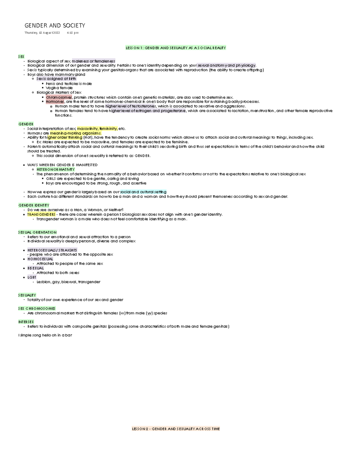 Gensoc - Lecture notes gendder and society - LESSON 1: GENDER AND ...