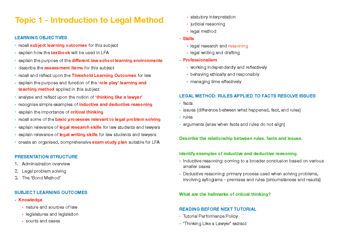 LFA All Lecture Summary - Topic 1 Introduction To Legal Method ...