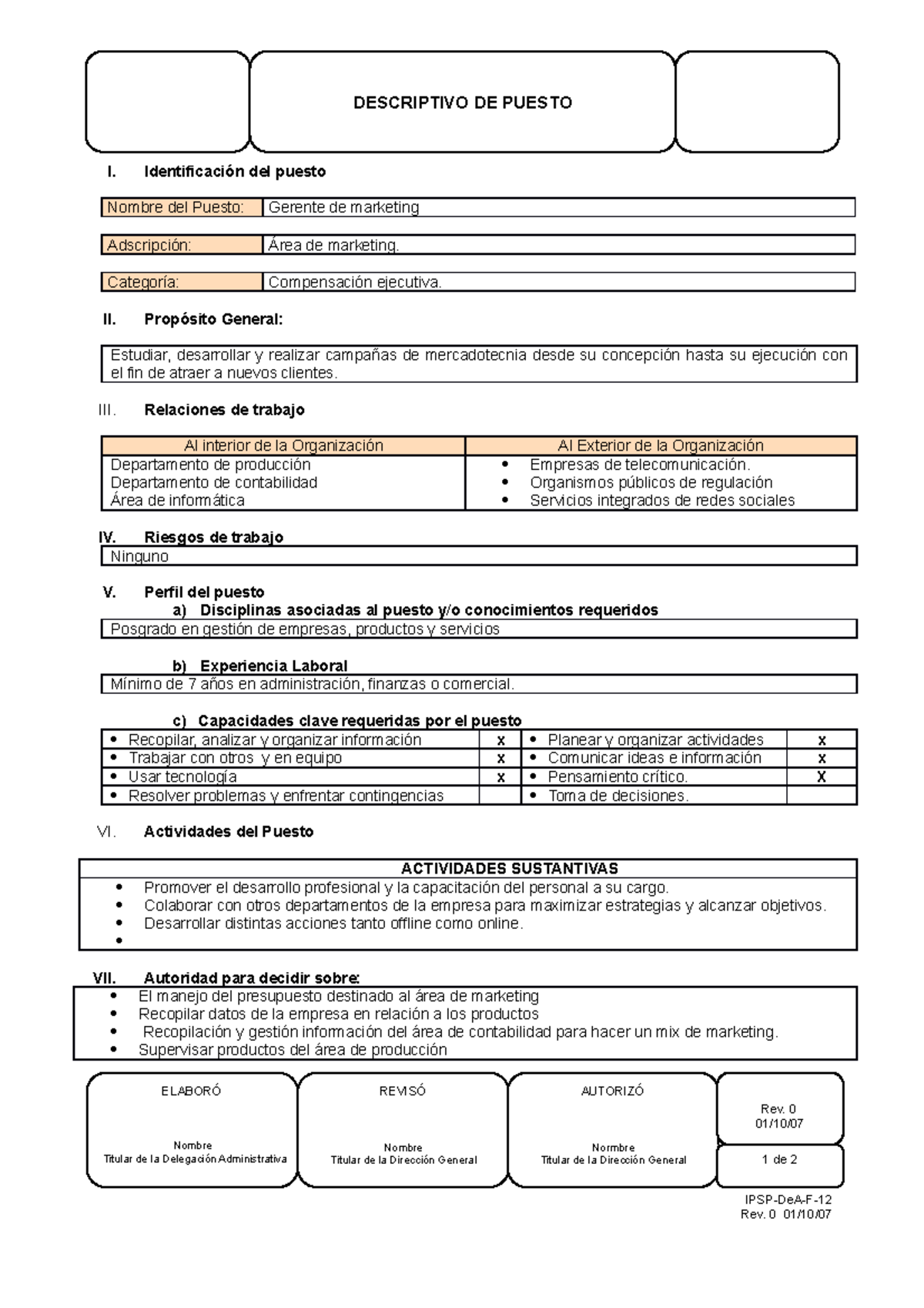 Formato para Descriptivos de Puestos - I. Identificación del puesto ...