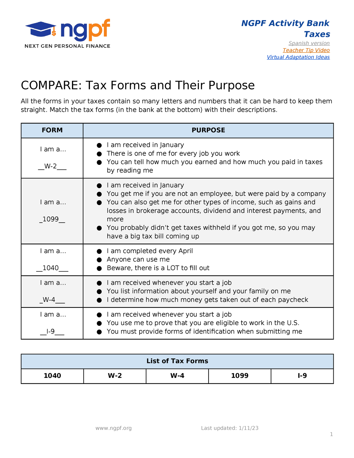 Compare Tax Forms and their Purpose - NGPF Activity Bank Taxes Spanish ...