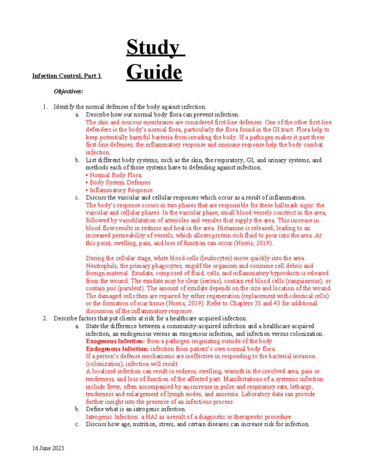 Study Guide Infection - Infection Control, Part 1 Objectives: 1 ...