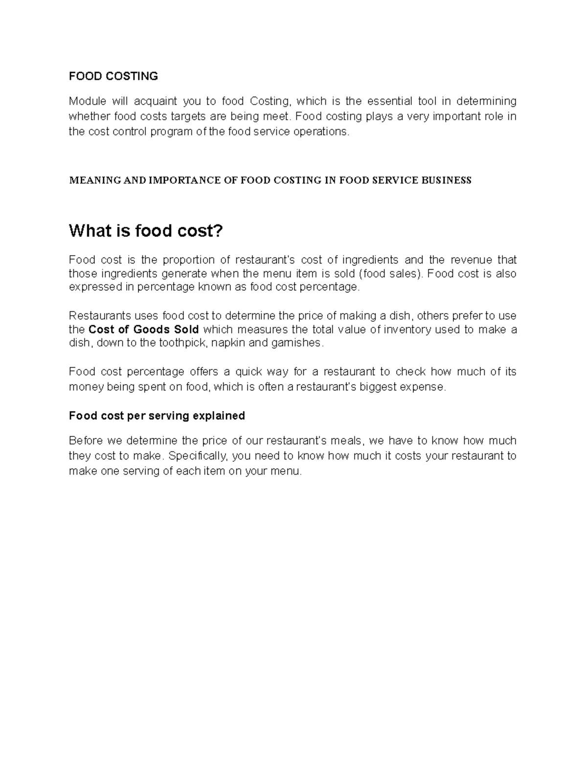 Food Costing and its importance - FOOD COSTING Module will acquaint you ...