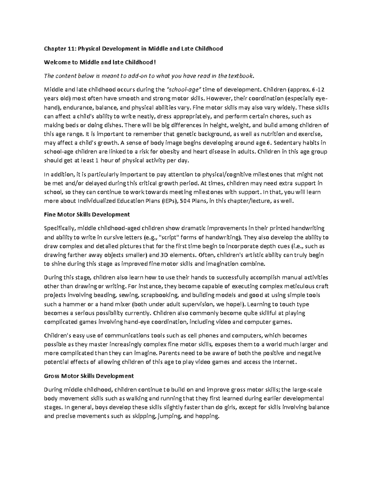 Chapter 11 - Physical Development in Middle and Late Childhood - Middle ...
