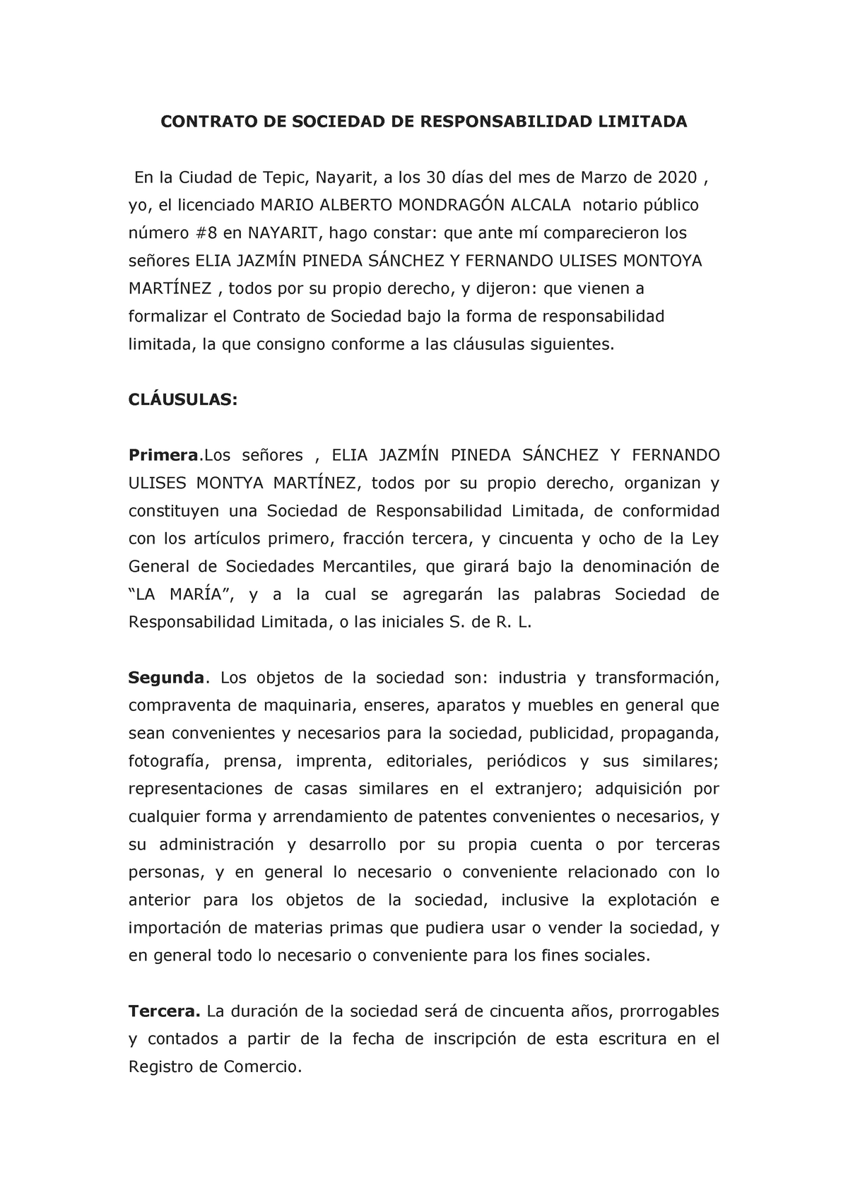 Ejemplo De Acta Constitutiva De Una Sociedad De Responsabilidad