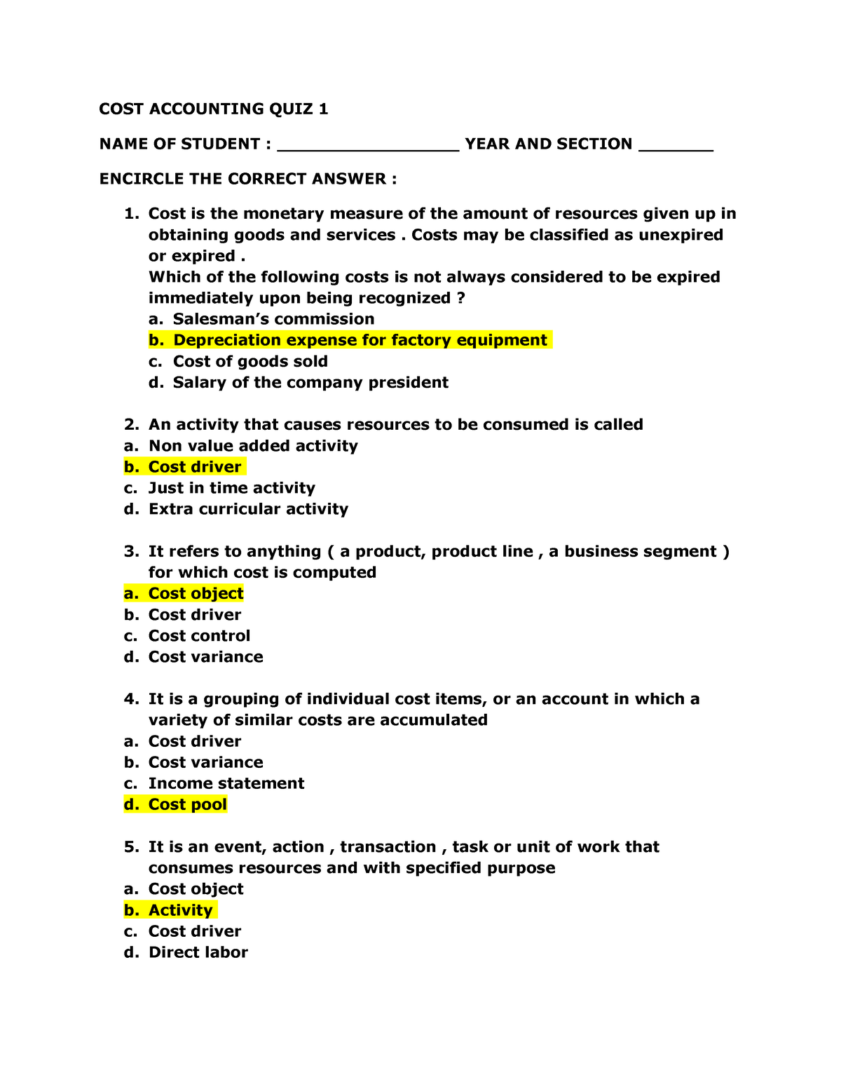 Answered COST Accounting QUIZ 1 - COST ACCOUNTING QUIZ 1 NAME OF ...