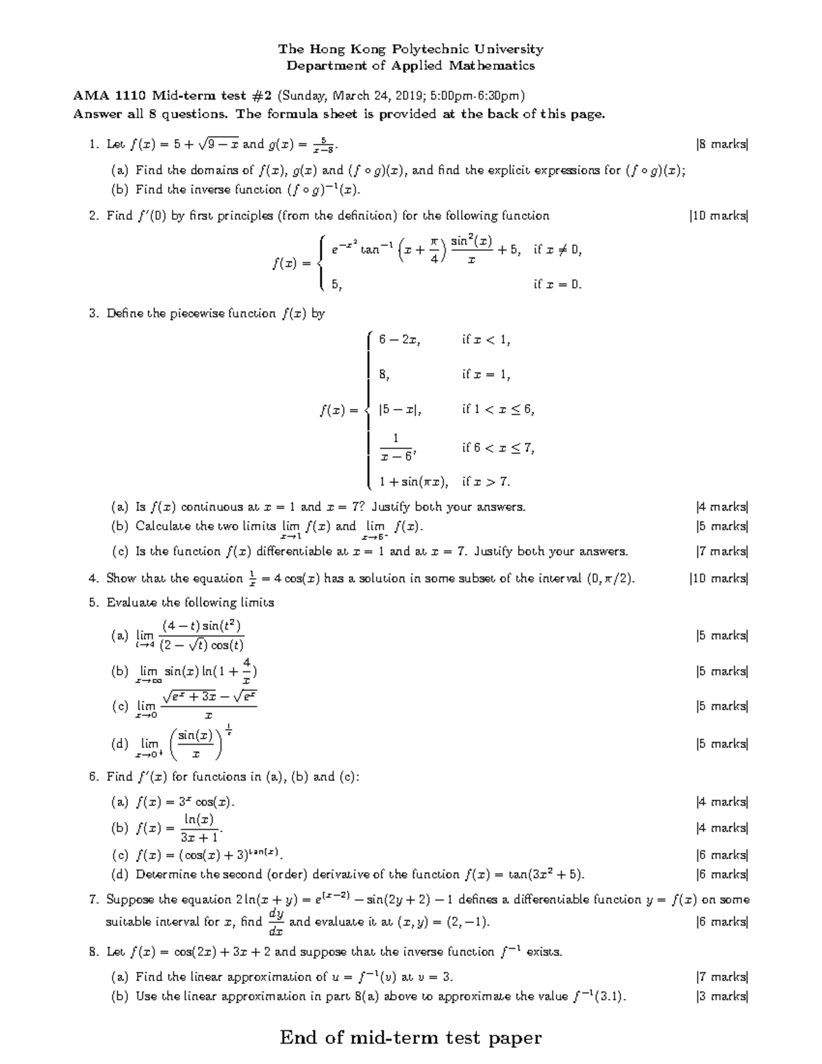 AMA1110 Test2 18192 - This subject aims to introduce students to the ...