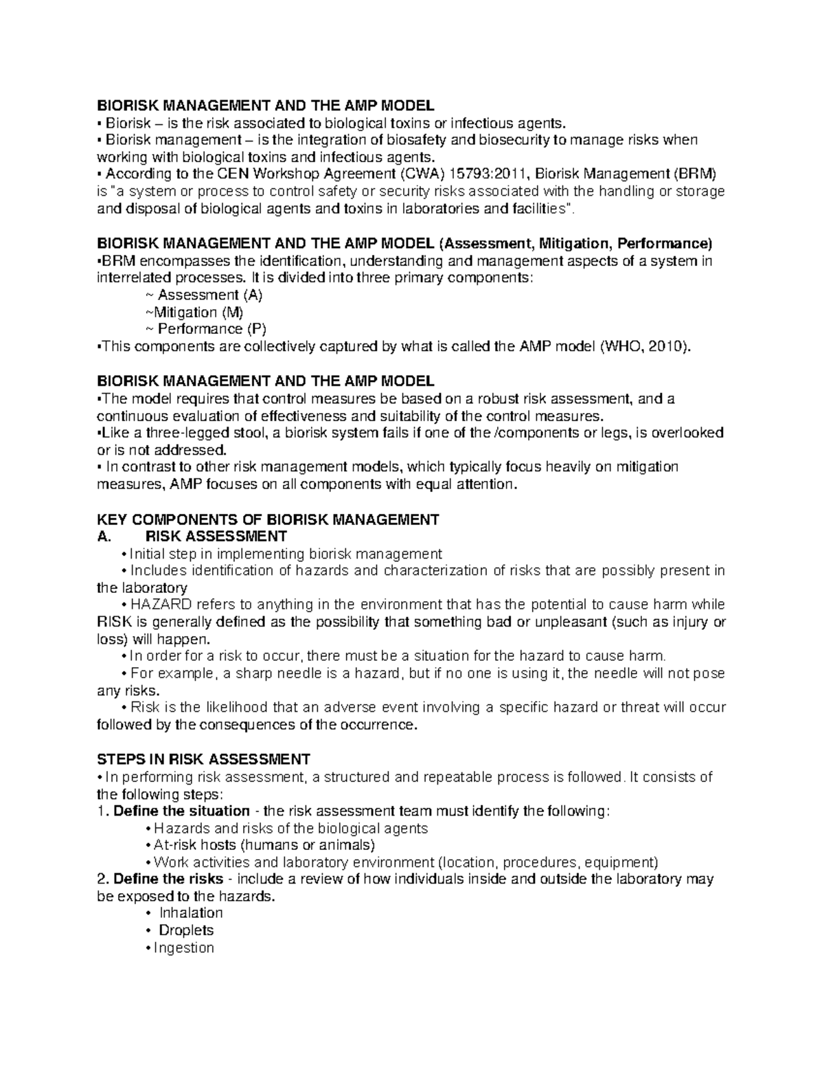 Biorisk Management AND THE AMP Model BIORISK MANAGEMENT AND THE AMP MODEL Biorisk is the