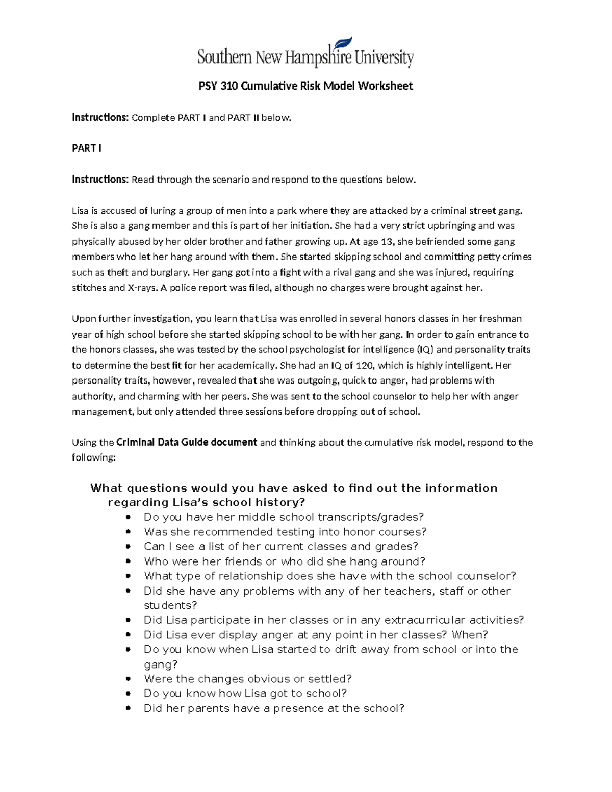 PSY 310 Cumulative Risk Model Worksheet - PSY 310 Cumulative Risk Model ...