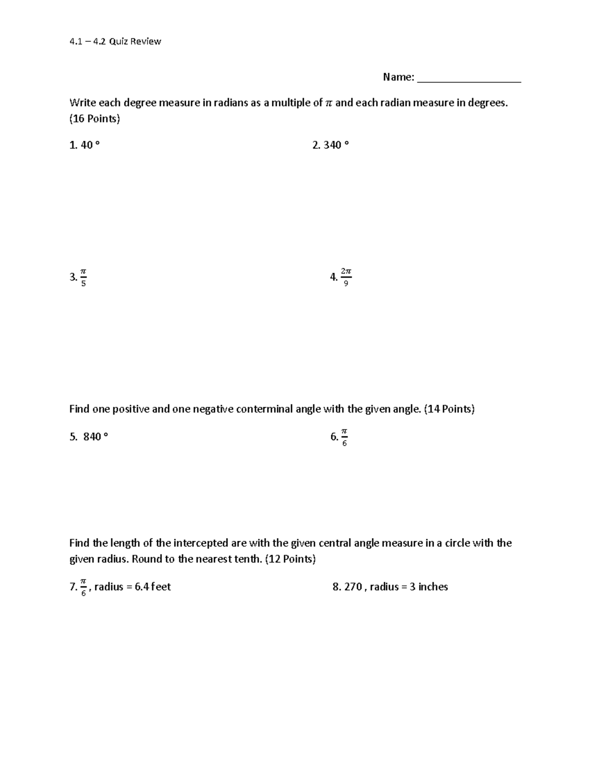 4.1 - 4.2 Quiz Review 2 (Review Worksheet) - 4 – 4 Quiz Review Name