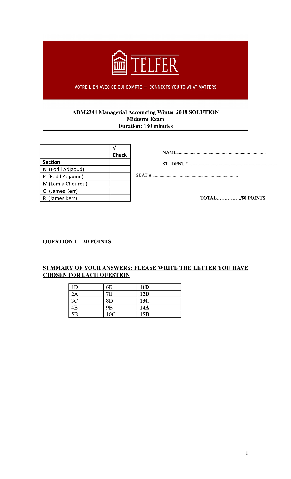 Midterm Exam 2018, answers - ADM2341 Managerial Accounting Winter 2018 ...