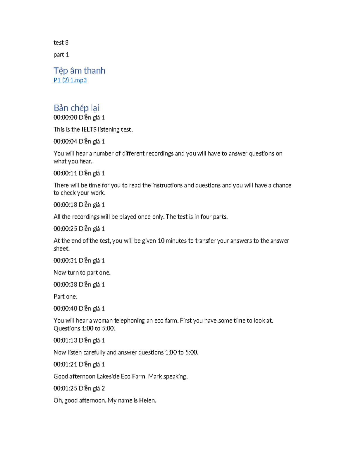 Transcript TEST 8 - go sutdy - test 8 part 1 Tệp âm thanh P1 (2) 1 Bản ...