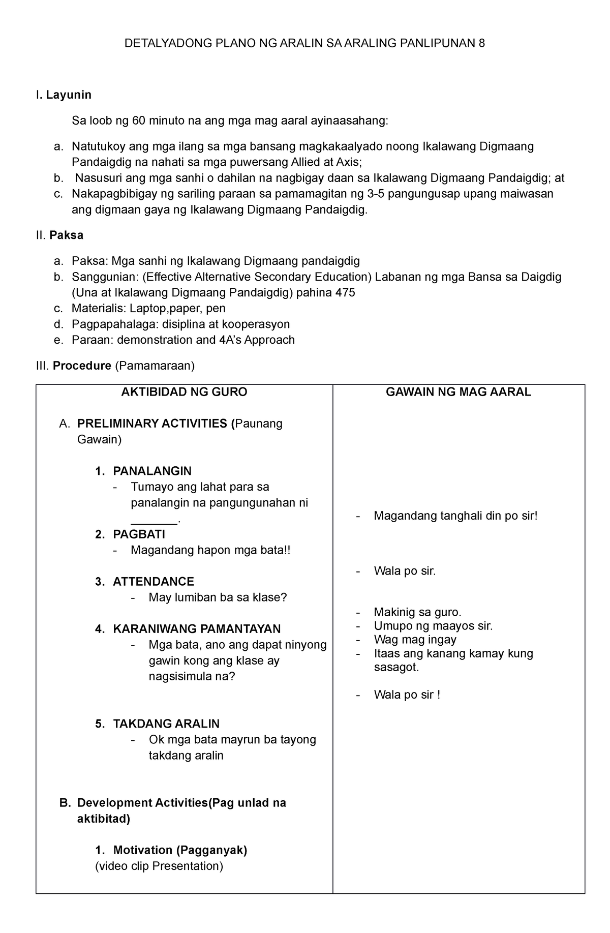 Detalyadong Lesson Plan Sa Araling Panlipunan 8 Autosaved Detalyadong Plano Ng Aralin Sa 9120