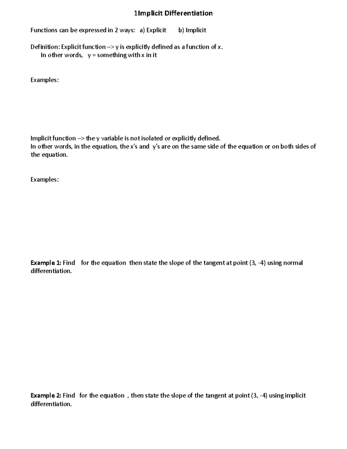 AP1 Implicit Differentiation note - 1 Implicit Differentiation ...
