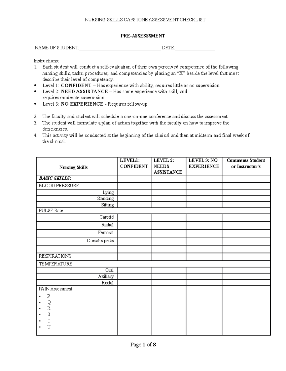 Nursing Skills Self-Assessment Checklist - Pre 2 - NURSING SKILLS ...
