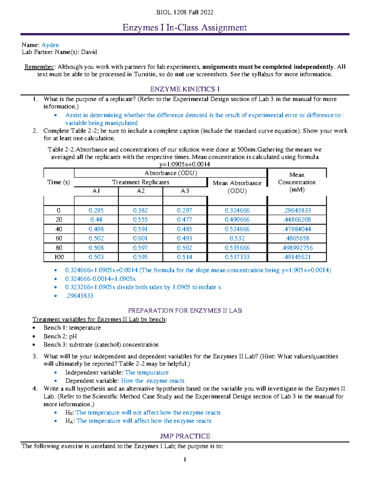 Enzymes I Ica Enzyme Lab Data Biol Fall Enzymes I In Class Assignment Name