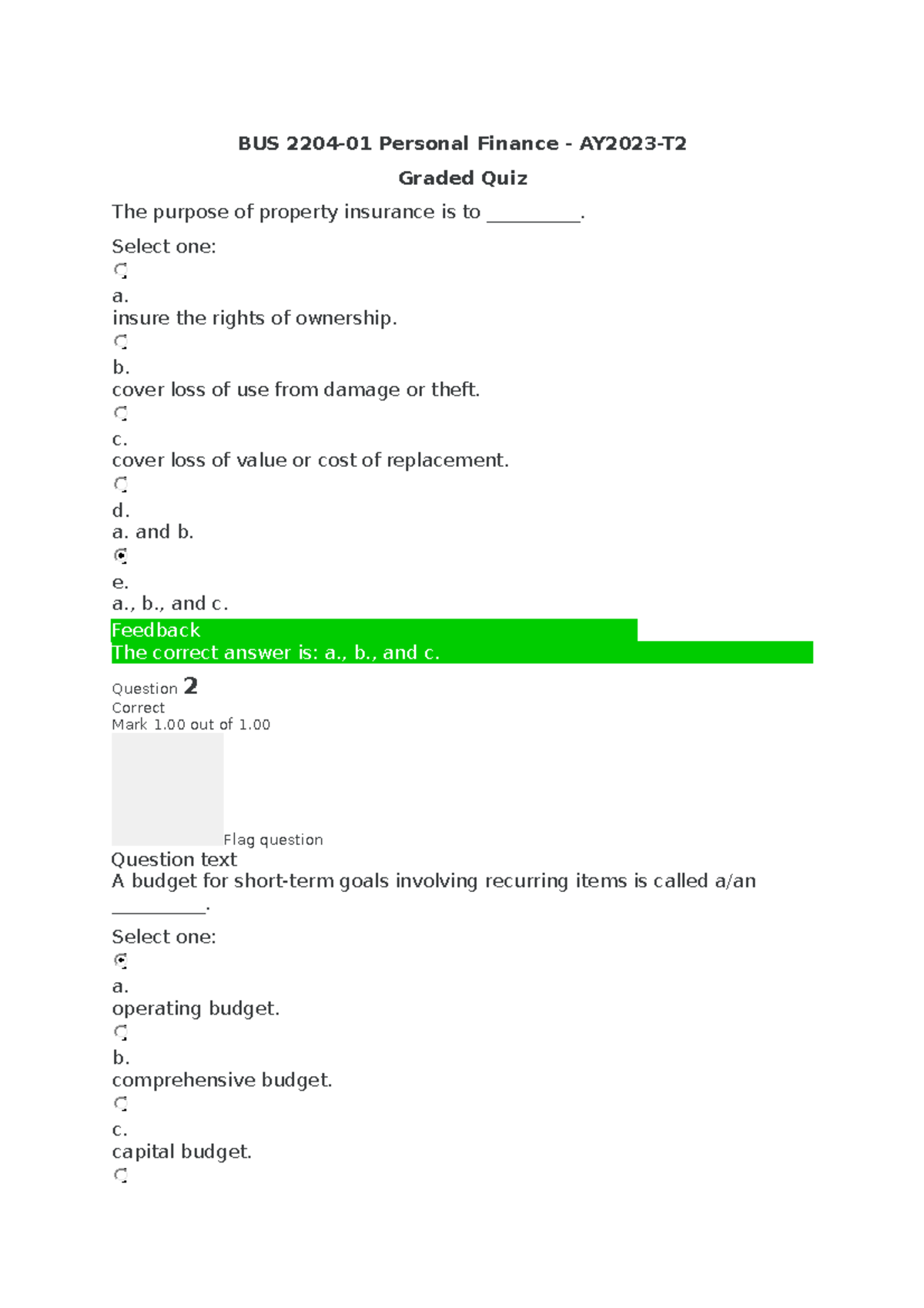 BUS 2204 Graded Quiz 2 - BUS 2204-01 Personal Finance - AY2023-T Graded ...