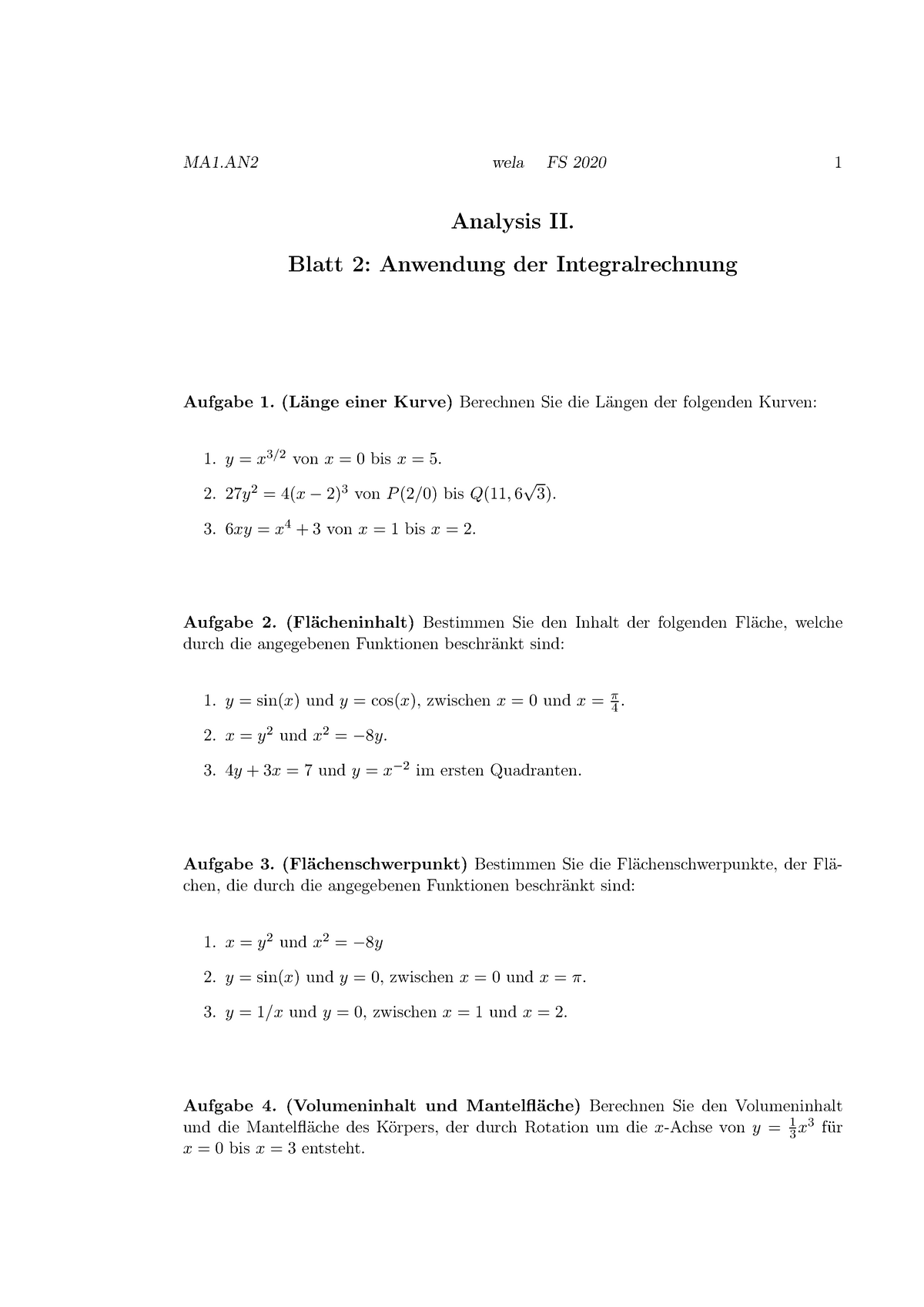 Analysis 2 Blatt Mit Aufgaben 2 - MA1 Wela FS 2020 1 Analysis II. Blatt ...