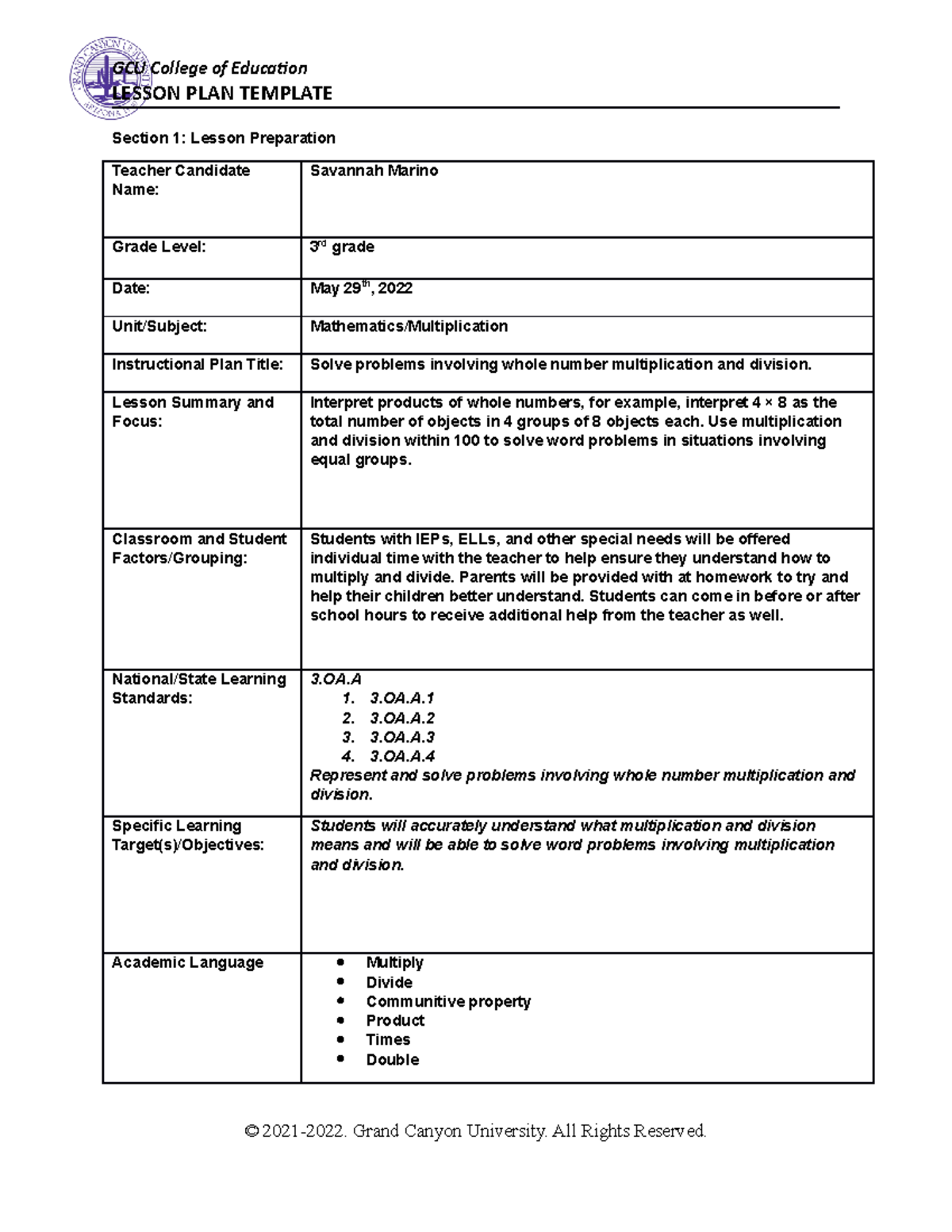 SPD470 WEEK 6 Lesson PLAN A - LESSON PLAN TEMPLATE Section 1: Lesson ...