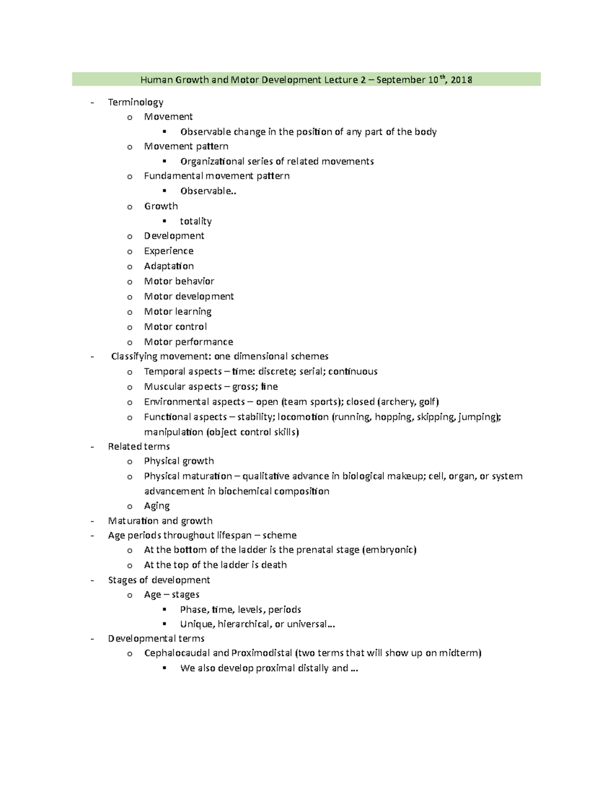 Human Growth and Motor Development Lecture 2 - . o Growth totality o ...