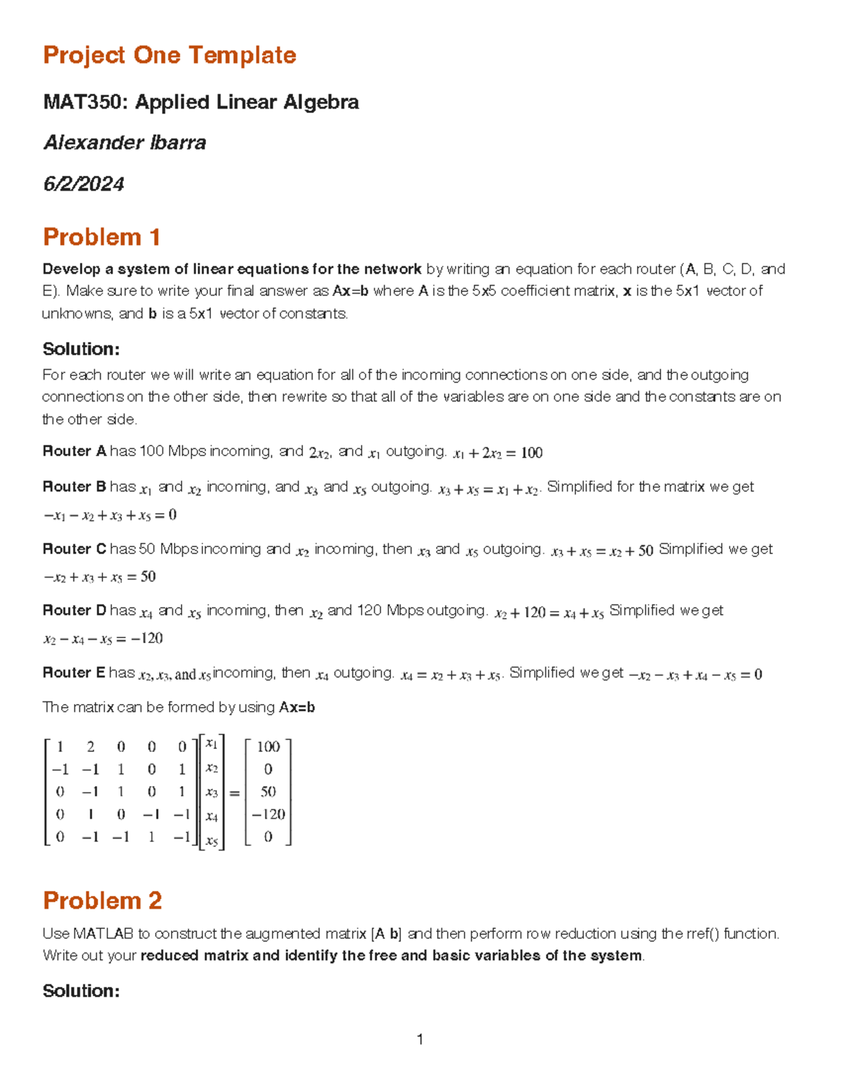 Project One matlab - Project One Template MAT350: Applied Linear ...