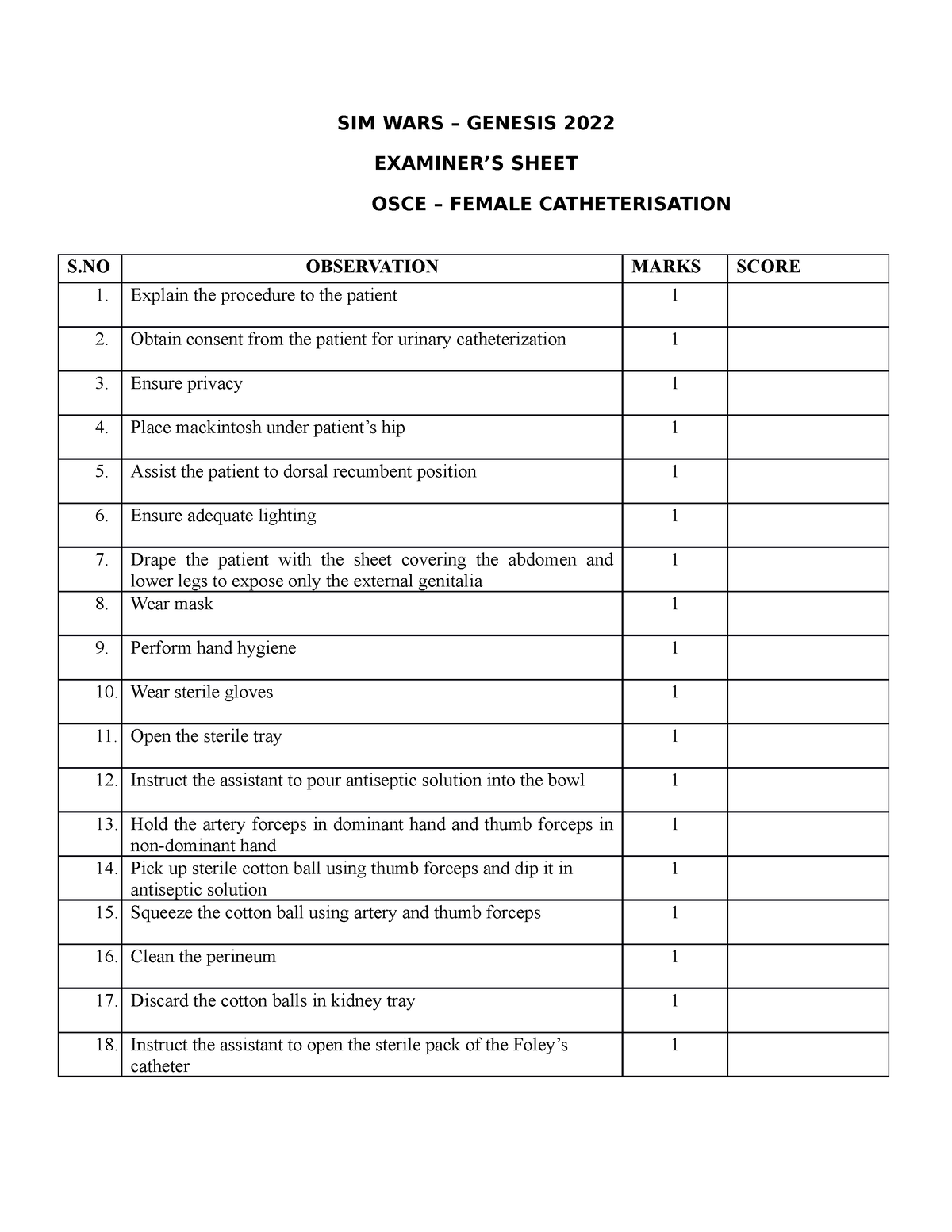 SIM WARS - Female Catheter - SIM WARS – GENESIS 2022 EXAMINER’S SHEET ...