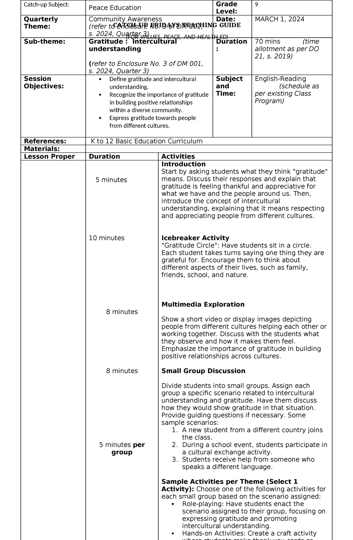 Grade 9 -peace and val ed catch-up plan - CATCH-UP FRIDAYS TEACHING ...