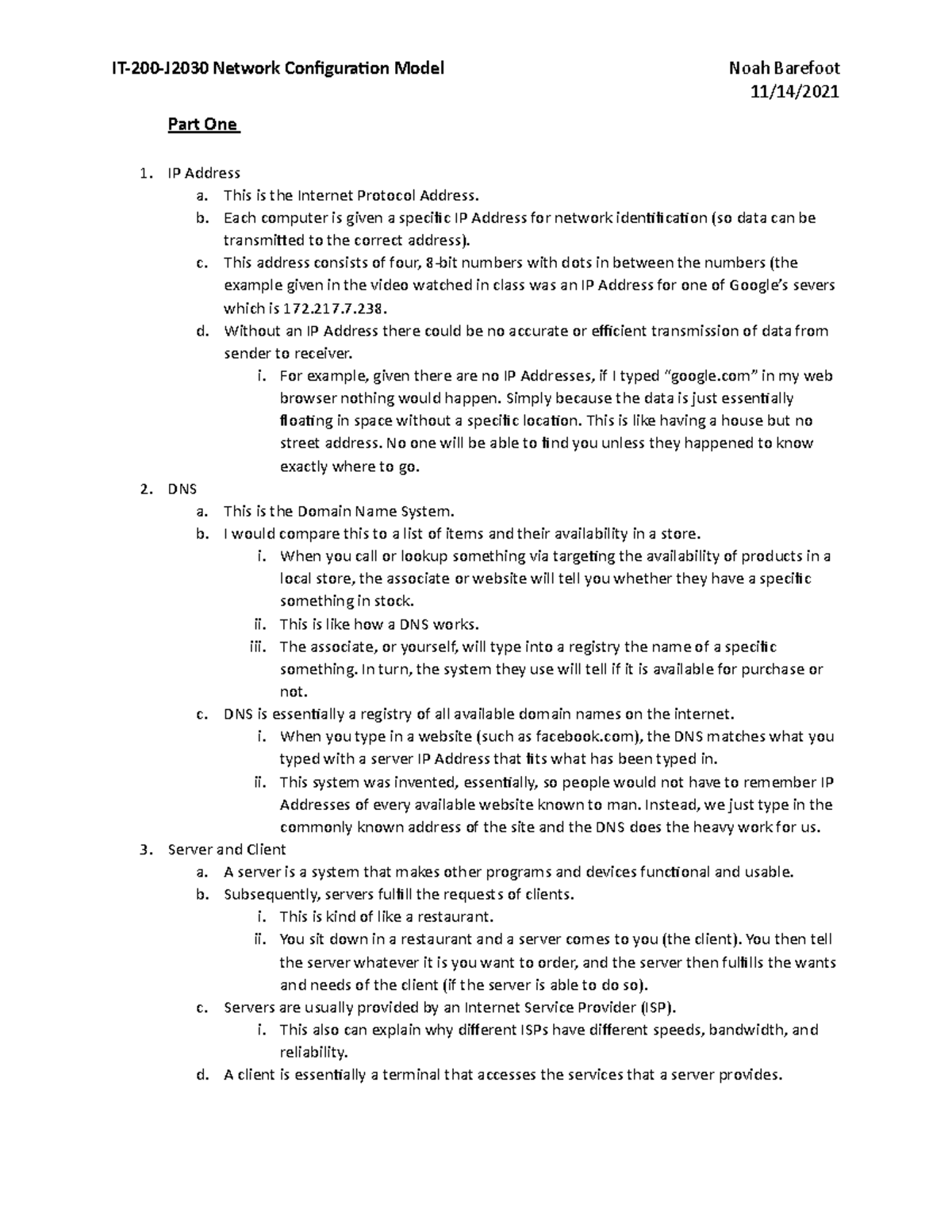 3-2 Activity Network Configuration Model - 11/14/ Part One IP Address a ...