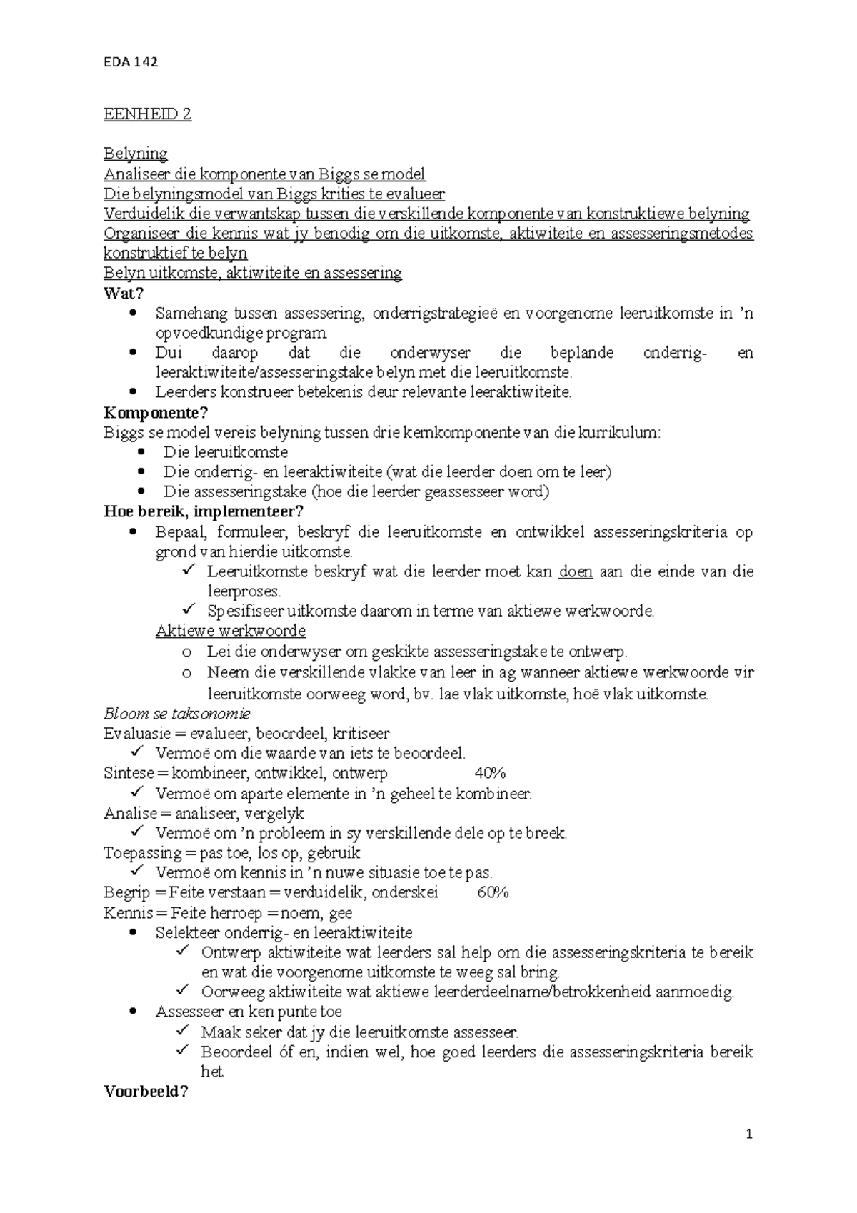 Eenheid 2 - Lecture notes 2 - EENHEID 2 Belyning Analiseer die ...