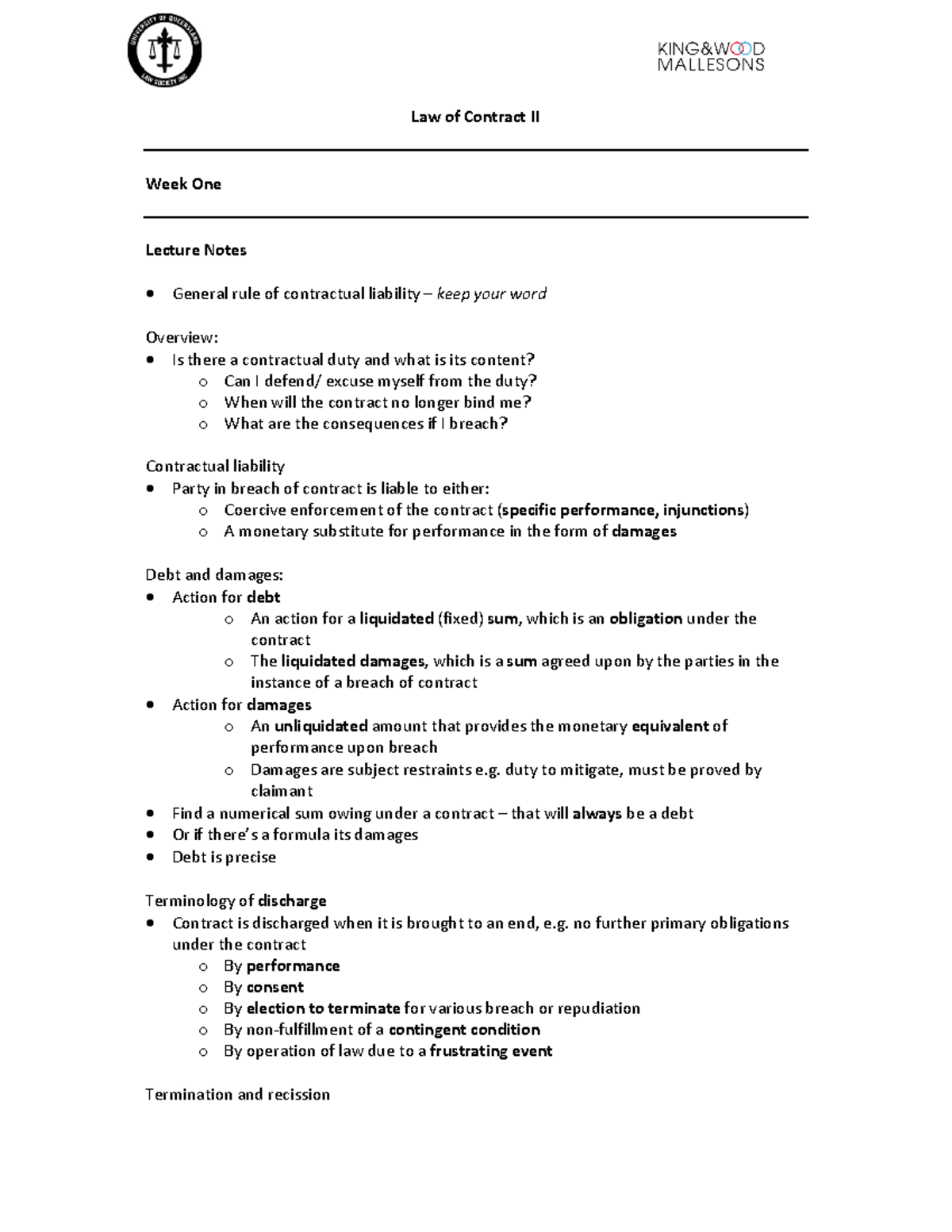 Professional Studeis 1 weeks 10 - Law of Contract II Week One Lecture ...