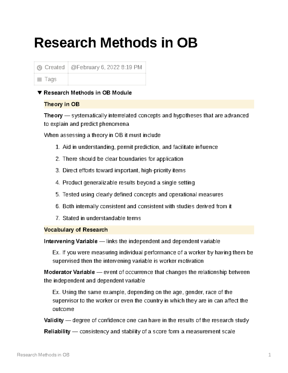 Research Methods in OB - Summary of additional required text during ...