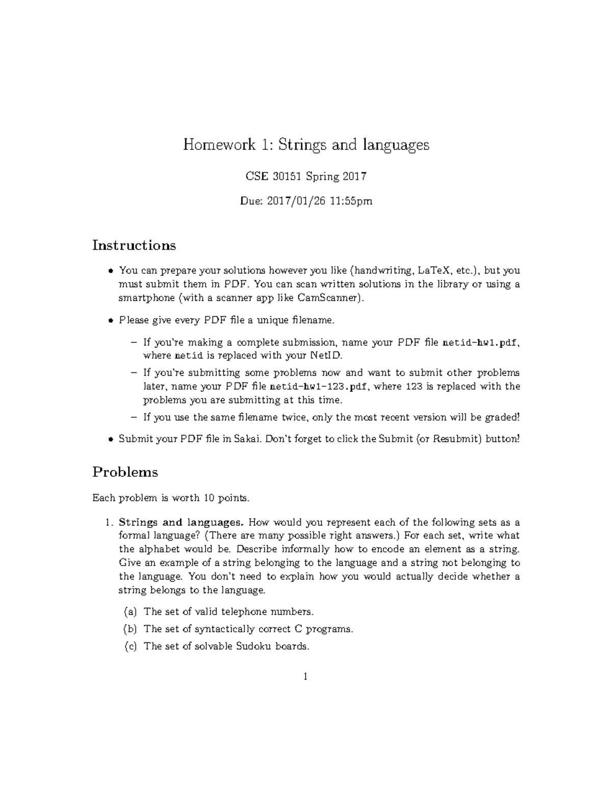 Hw1 - Theory of Computing - Homework 1: Strings and languages CSE 30151 ...