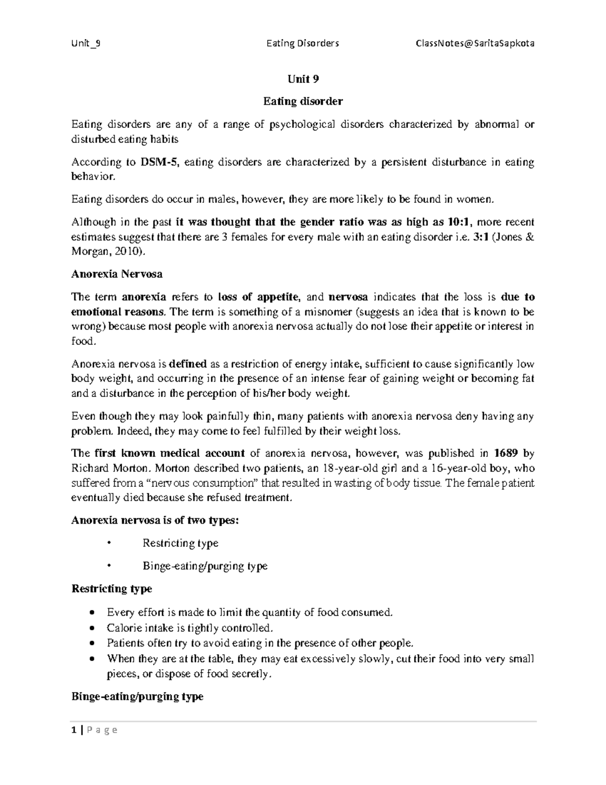 Unit IX Eating disorder Unit 9 Eating disorder Eating disorders are