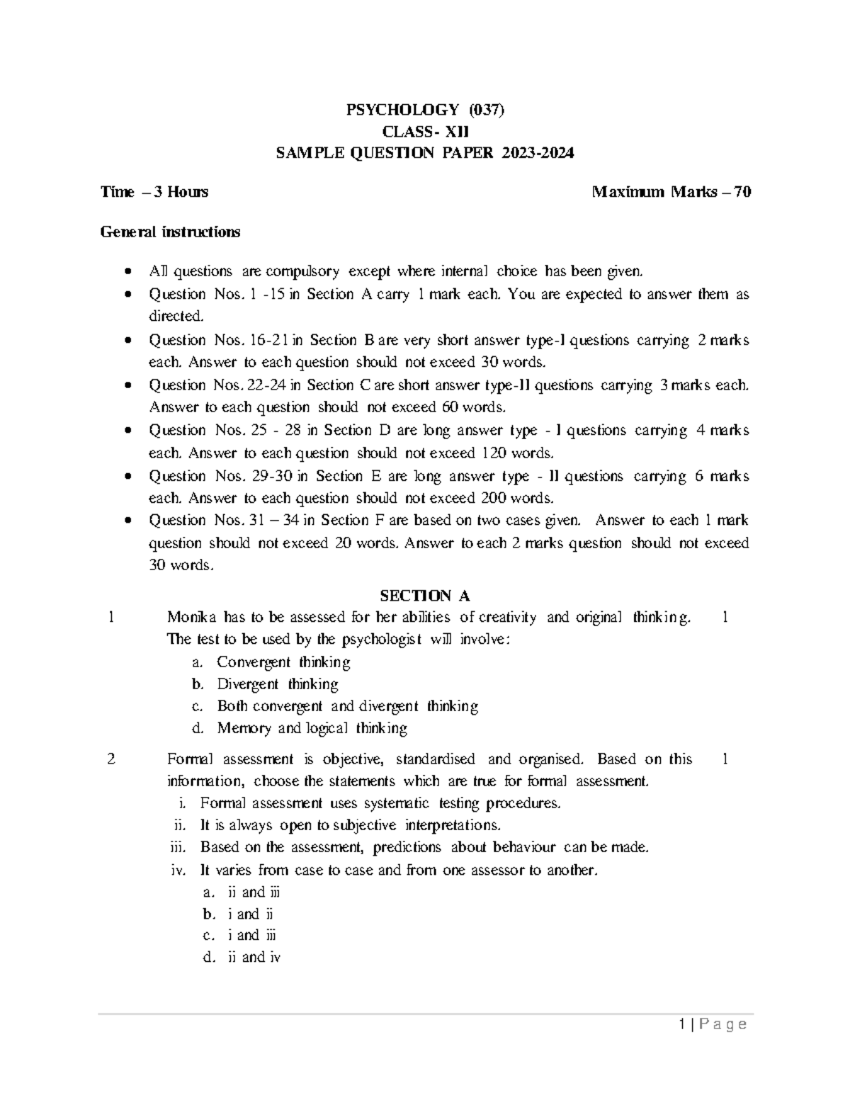 Psychology-SQP - PSYCHOLOGY (037) CLASS- XII SAMPLE QUESTION PAPER 2023 ...