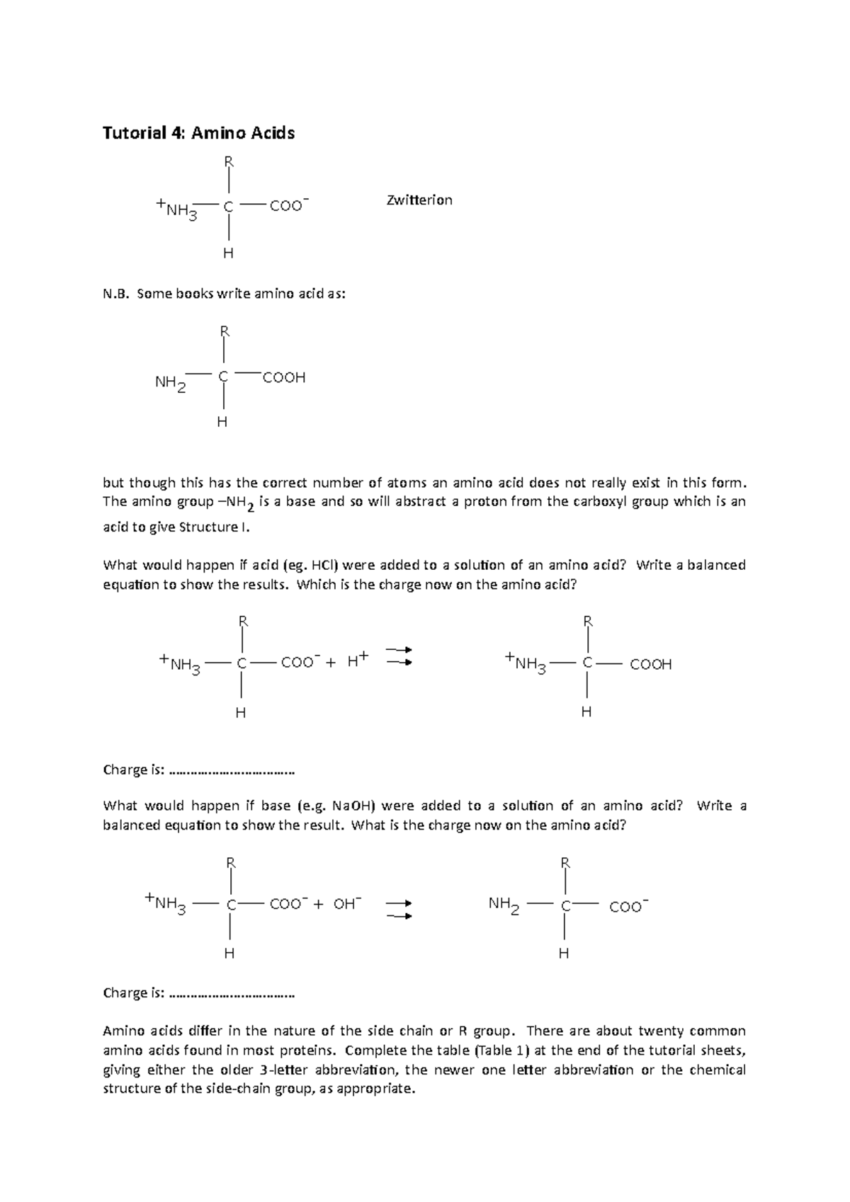 Amino acid and protein questions 2 Tutorial 4 Amino Acids R +NH 3