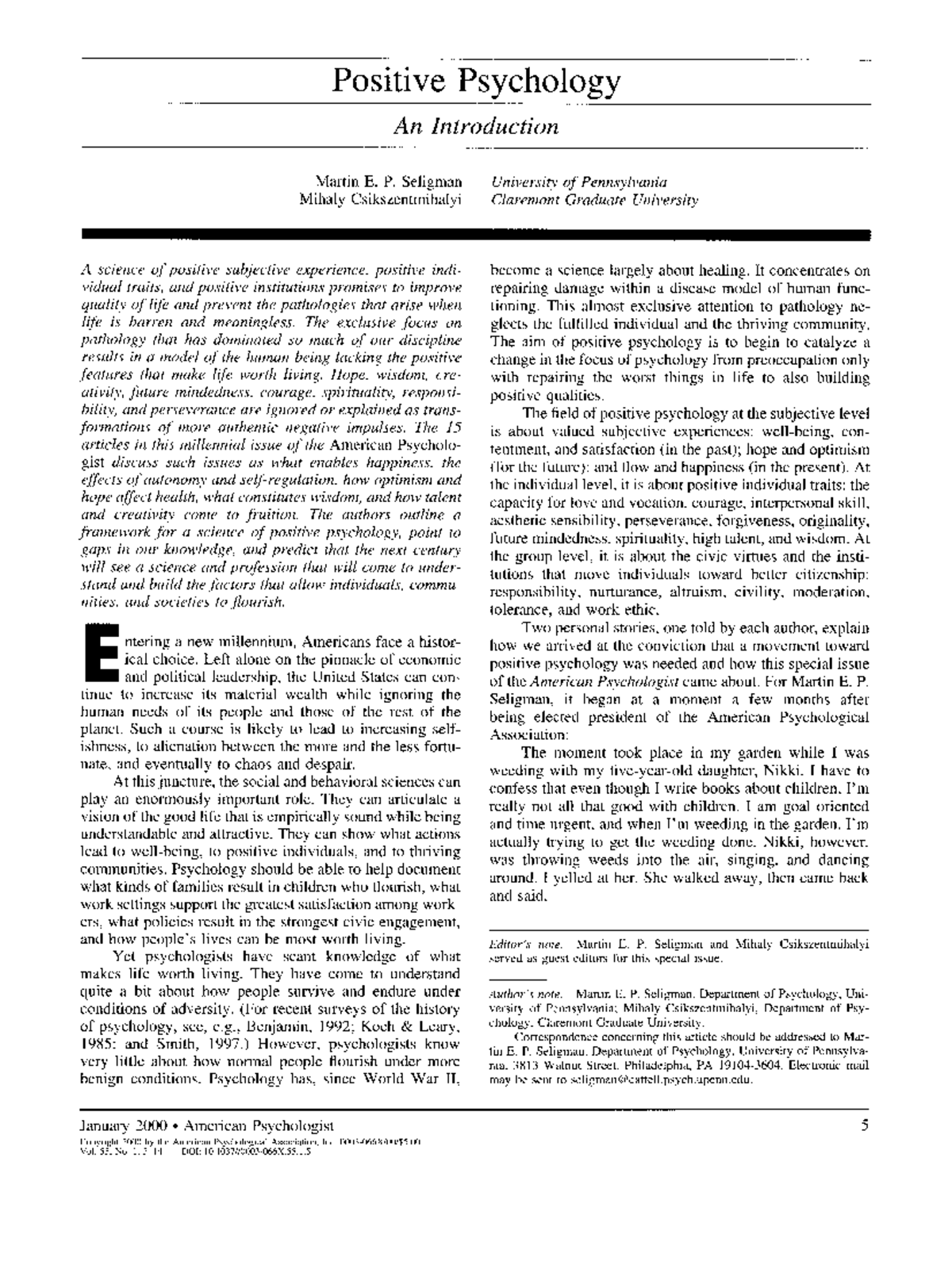 Positive Psychology research for assignment 2 - Positive Psychology An ...