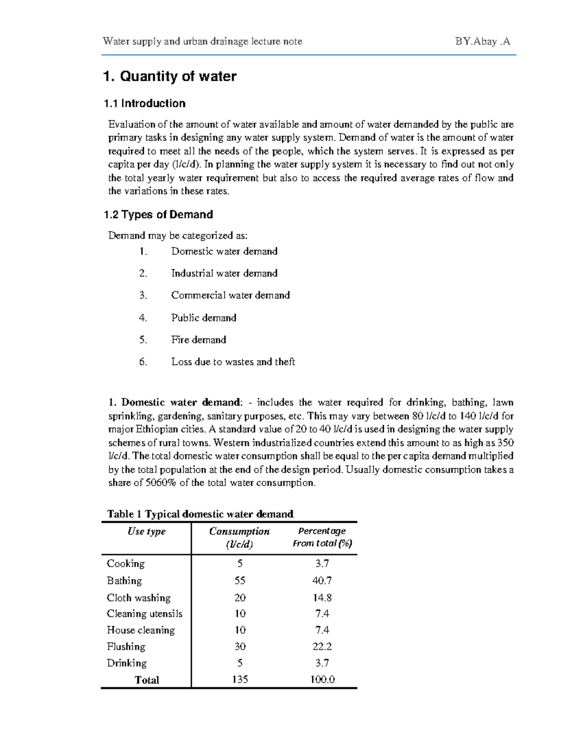 Quantity of water Water supply and urban drainage lecture note BY .A