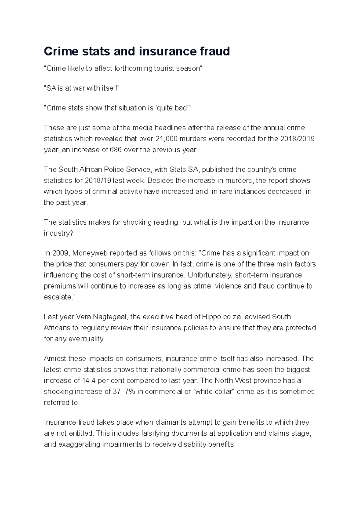 Reduce or prevent losses through crime Crime stats and insurance