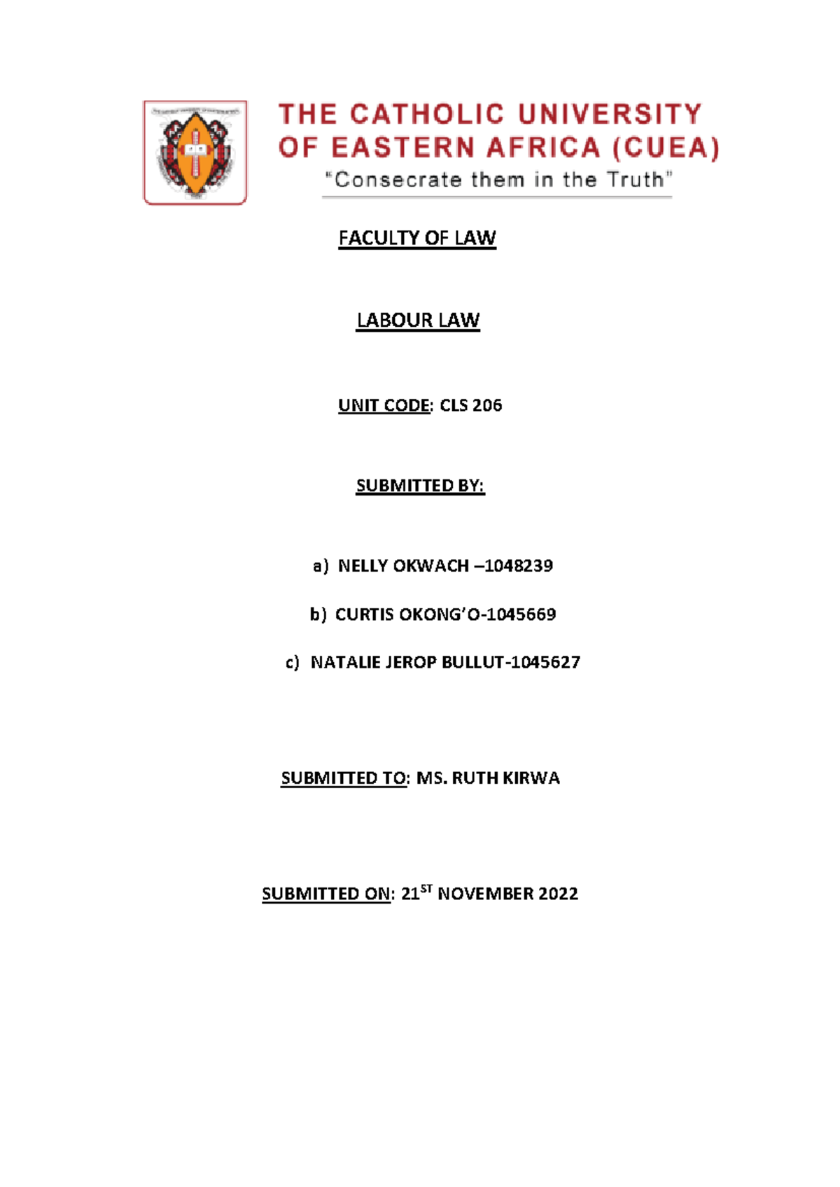 CLS 206 Group WORK - Notes - FACULTY OF LAW LABOUR LAW UNIT CODE: CLS ...